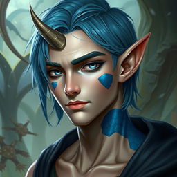A male human with Caucasian skin, featuring medium length blue hair and distinctive patches of blue scales on his jaw, arms, and neck