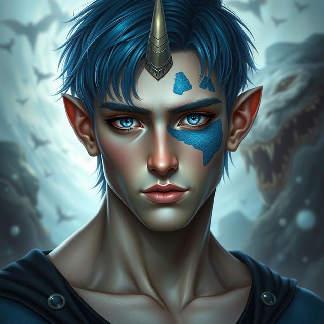 A male human with Caucasian skin, featuring medium length blue hair and distinctive patches of blue scales on his jaw, arms, and neck