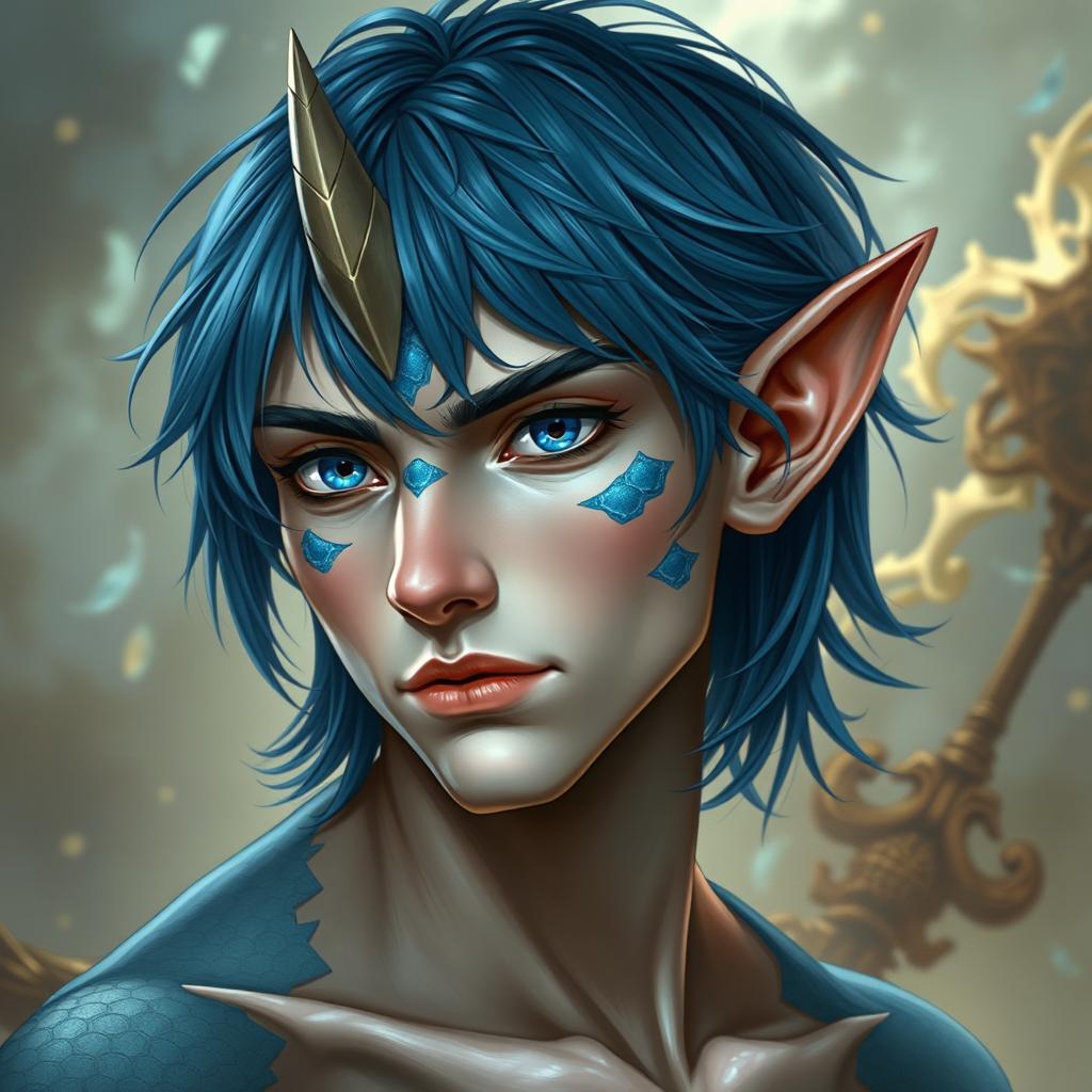 A male human with Caucasian skin, featuring medium length blue hair and distinctive patches of blue scales on his jaw, arms, and neck