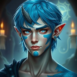 A male human with Caucasian skin, featuring medium length blue hair and distinctive patches of blue scales on his jaw, arms, and neck