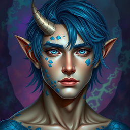 A male human with Caucasian skin, characterized by medium length blue hair and patches of blue scales adorning his jaw, arms, and neck
