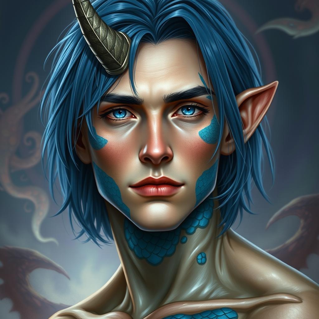 A male human with Caucasian skin, characterized by medium length blue hair and patches of blue scales adorning his jaw, arms, and neck