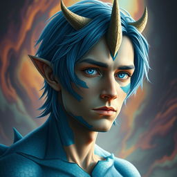 A male human with Caucasian skin, characterized by medium length blue hair and patches of blue scales adorning his jaw, arms, and neck