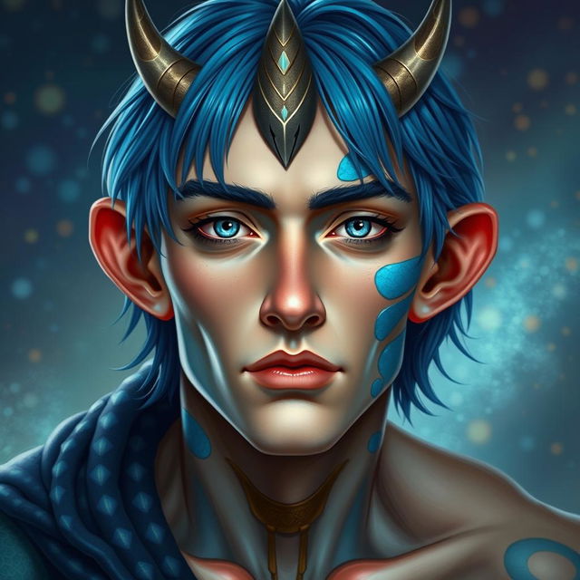 A male human with Caucasian skin, characterized by medium length blue hair and patches of blue scales adorning his jaw, arms, and neck