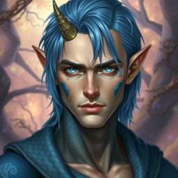 A male human with Caucasian skin, showcasing medium length blue hair and distinct patches of blue scales on his jaw, arms, and neck