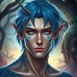 A male human with Caucasian skin, showcasing medium length blue hair and distinct patches of blue scales on his jaw, arms, and neck