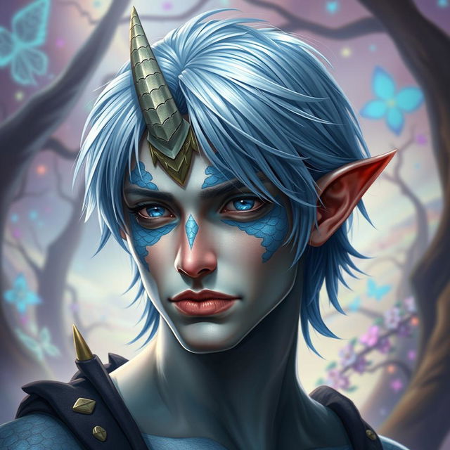 A male human with Caucasian skin, showcasing medium length blue hair and distinct patches of blue scales on his jaw, arms, and neck