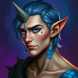 A male human with Caucasian skin, characterized by medium length blue hair and patches of blue scales on his jaw, arms, and neck