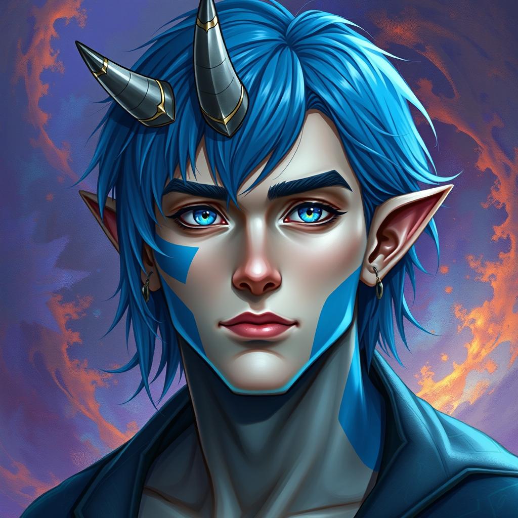 A male human with Caucasian skin, characterized by medium length blue hair and patches of blue scales on his jaw, arms, and neck