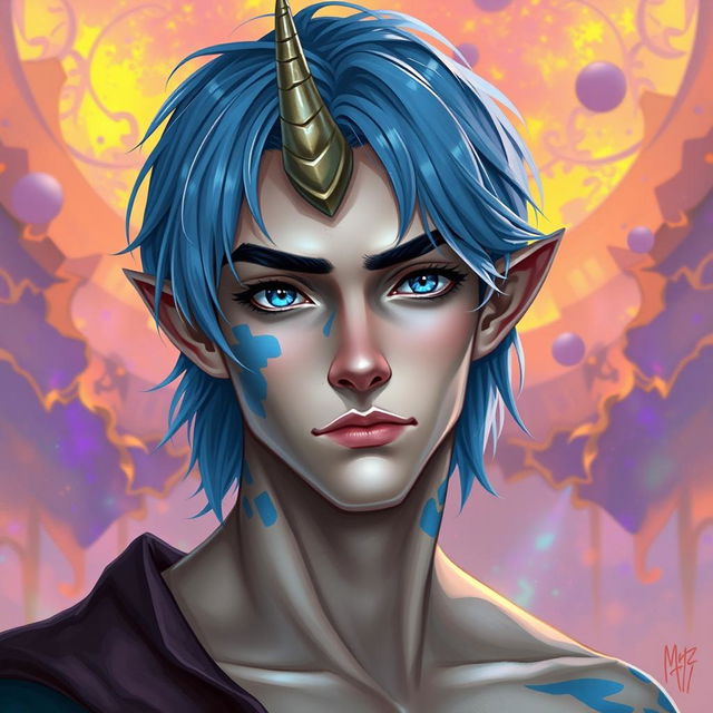 A male human with Caucasian skin, characterized by medium length blue hair and patches of blue scales on his jaw, arms, and neck
