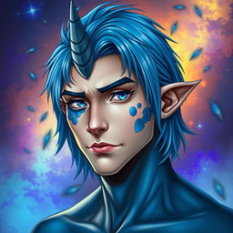 A male human with Caucasian skin, characterized by medium length blue hair and patches of blue scales on his jaw, arms, and neck