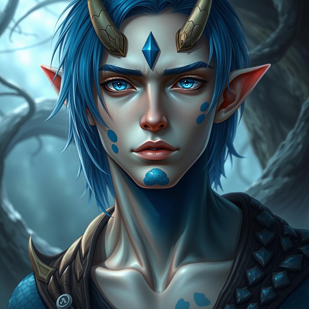 A male human with Caucasian skin, featuring medium length blue hair and striking patches of blue scales on his jaw, arms, and neck