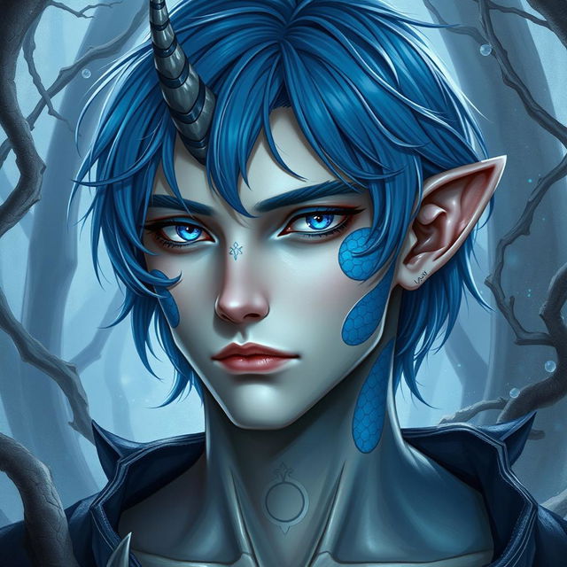 A male human with Caucasian skin, featuring medium length blue hair and striking patches of blue scales on his jaw, arms, and neck