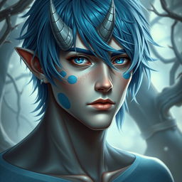 A male human with Caucasian skin, featuring medium length blue hair and striking patches of blue scales on his jaw, arms, and neck
