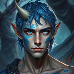 A male human with Caucasian skin, featuring medium length blue hair and striking patches of blue scales on his jaw, arms, and neck