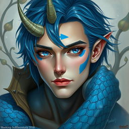 A male human with Caucasian skin, featuring medium length blue hair and patches of blue scales on his jaw, arms, and neck