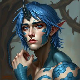 A male human with Caucasian skin, featuring medium length blue hair and patches of blue scales on his jaw, arms, and neck