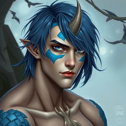 A male human with Caucasian skin, featuring medium length blue hair and patches of blue scales on his jaw, arms, and neck