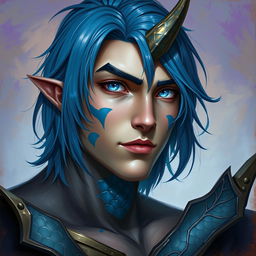 A male human with Caucasian skin, featuring medium length blue hair and distinct patches of blue scales on his jaw, arms, and neck