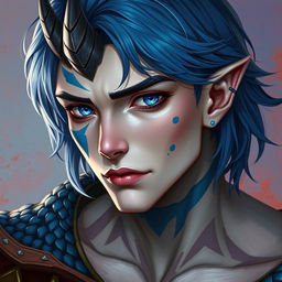 A male human with Caucasian skin, featuring medium length blue hair and distinct patches of blue scales on his jaw, arms, and neck