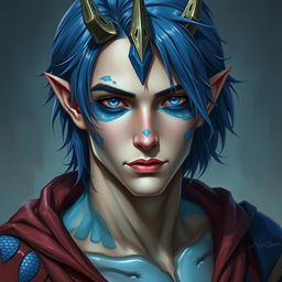 A male human with Caucasian skin, featuring medium length blue hair and distinct patches of blue scales on his jaw, arms, and neck