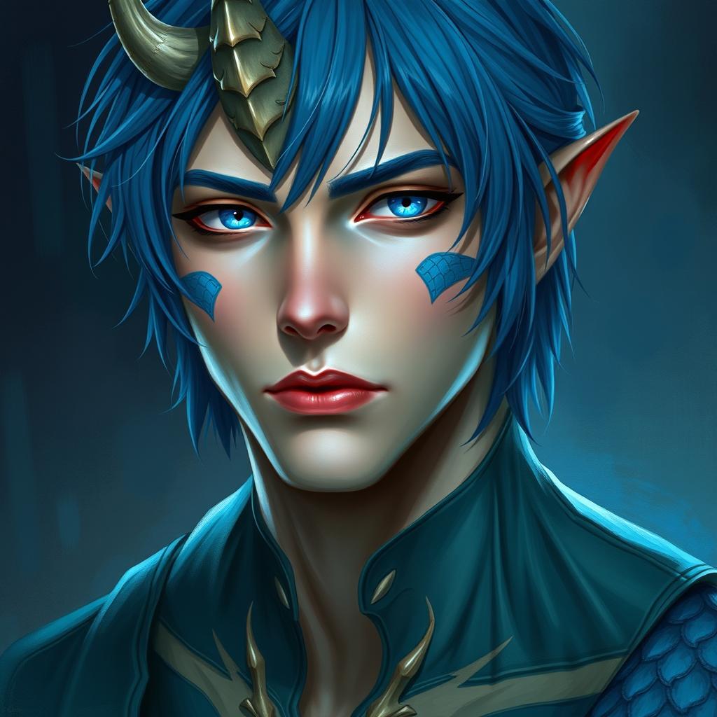 A male human with Caucasian skin, featuring medium length blue hair and distinct patches of blue scales on his jaw, arms, and neck