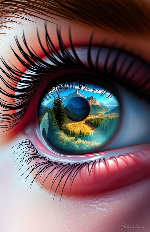 A captivating digital painting showcasing a close-up view of a human eye, with a stunning reflection of the world depicted within the iris