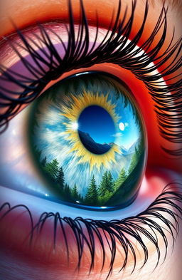 A captivating digital painting showcasing a close-up view of a human eye, with a stunning reflection of the world depicted within the iris
