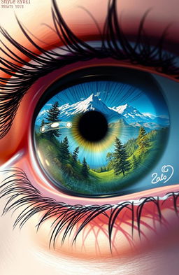 A captivating digital painting showcasing a close-up view of a human eye, with a stunning reflection of the world depicted within the iris