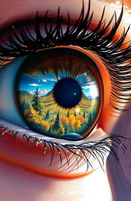 A captivating digital painting showcasing a close-up view of a human eye, with a stunning reflection of the world depicted within the iris