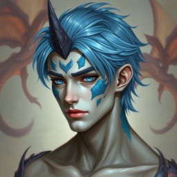 A male human with Caucasian skin, adorned with medium length blue hair and distinctive patches of blue scales on his jaw, arms, and neck