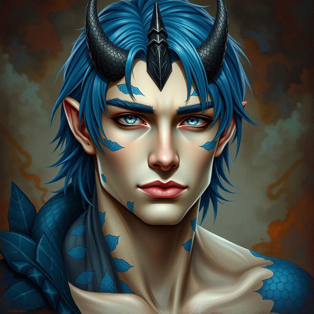 A male human with Caucasian skin, adorned with medium length blue hair and distinctive patches of blue scales on his jaw, arms, and neck