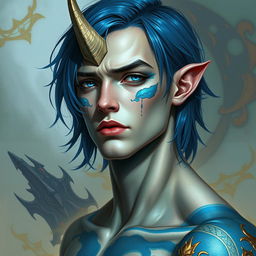 A male human with Caucasian skin, adorned with medium length blue hair and distinctive patches of blue scales on his jaw, arms, and neck