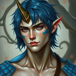 A male human with Caucasian skin, adorned with medium length blue hair and distinctive patches of blue scales on his jaw, arms, and neck