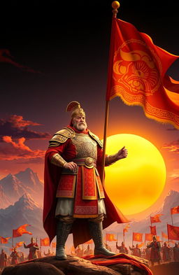 An invincible yet kind emperor standing tall, proud, and dignified with his head held high