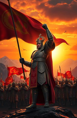An invincible yet kind emperor standing tall, proud, and dignified with his head held high