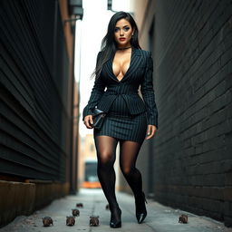 A beautiful, stunning curvy girl with long black hair and sparkly blue eyes, adorned with heavy blue eye makeup, bold black eyeliner, thick eyelashes, and bright pink lipstick