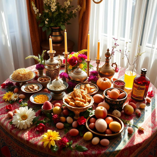 A beautifully arranged Haft Sin table showcasing traditional Persian New Year (Nowruz) symbols