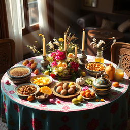 A beautifully arranged Haft Sin table showcasing traditional Persian New Year (Nowruz) symbols