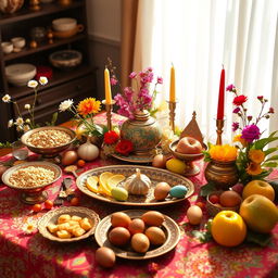A beautifully arranged Haft Sin table showcasing traditional Persian New Year (Nowruz) symbols