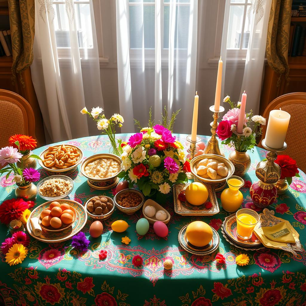 A beautifully arranged Haft Sin table showcasing traditional Persian New Year (Nowruz) symbols