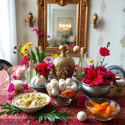 A beautifully arranged Haft Sin table for the Persian New Year, showcasing traditional items including sprouts (Sabzeh), garlic (Sir), vinegar (Serkeh), and painted eggs