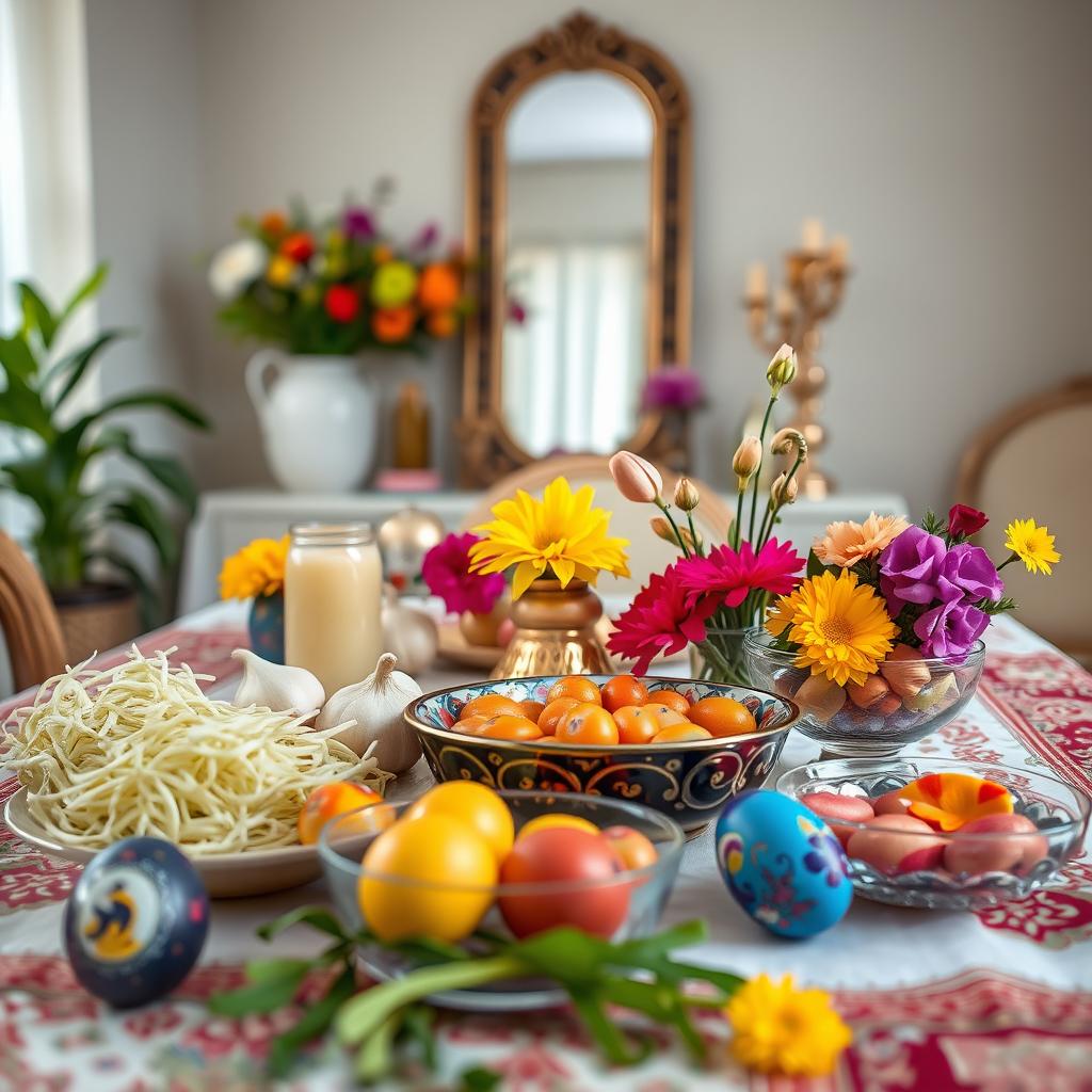 A beautifully arranged Haft Sin table for the Persian New Year, showcasing traditional items including sprouts (Sabzeh), garlic (Sir), vinegar (Serkeh), and painted eggs