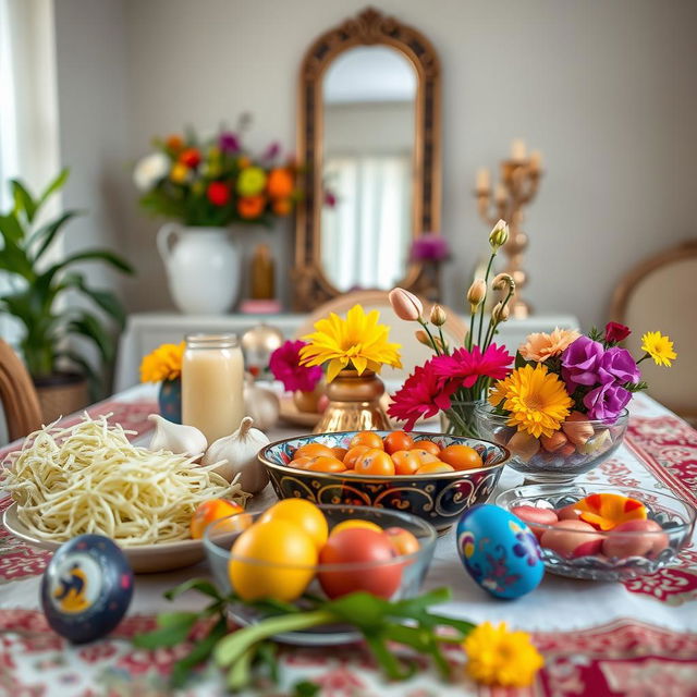 A beautifully arranged Haft Sin table for the Persian New Year, showcasing traditional items including sprouts (Sabzeh), garlic (Sir), vinegar (Serkeh), and painted eggs