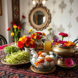 A beautifully arranged Haft Sin table for the Persian New Year, showcasing traditional items including sprouts (Sabzeh), garlic (Sir), vinegar (Serkeh), and painted eggs