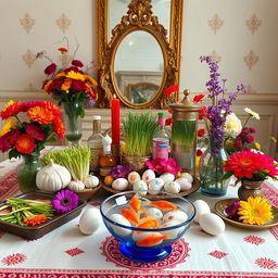 A beautifully arranged Haft Sin table for the Persian New Year, showcasing traditional items including sprouts (Sabzeh), garlic (Sir), vinegar (Serkeh), and painted eggs