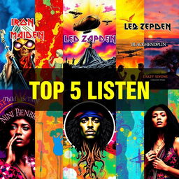 A vibrant and dynamic digital collage featuring iconic imagery inspired by the bands Iron Maiden, Led Zeppelin, Deep Purple, Black Sabbath, and Jimi Hendrix, intermingled with elements representing Nina Simone and Janis Joplin