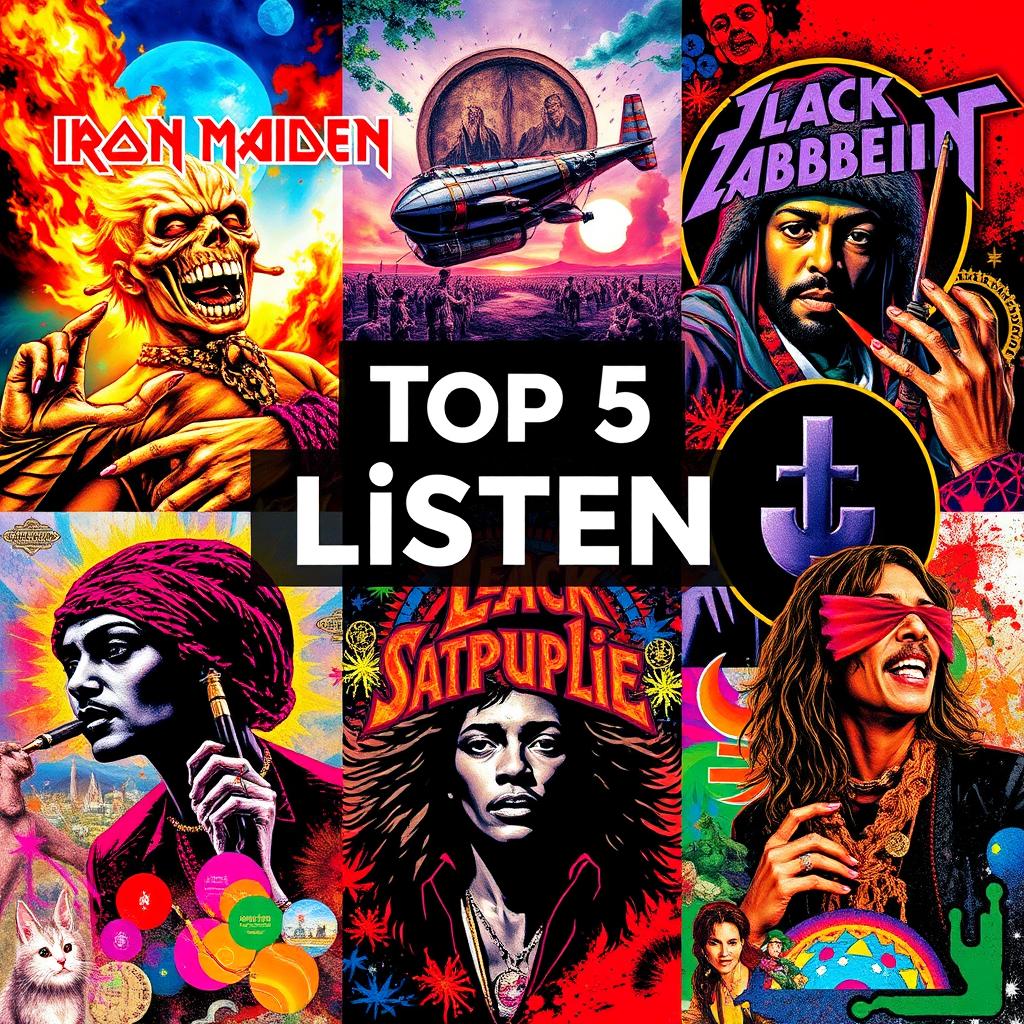 A vibrant and dynamic digital collage featuring iconic imagery inspired by the bands Iron Maiden, Led Zeppelin, Deep Purple, Black Sabbath, and Jimi Hendrix, intermingled with elements representing Nina Simone and Janis Joplin