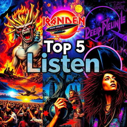 A vibrant and dynamic digital collage featuring iconic imagery inspired by the bands Iron Maiden, Led Zeppelin, Deep Purple, Black Sabbath, and Jimi Hendrix, intermingled with elements representing Nina Simone and Janis Joplin