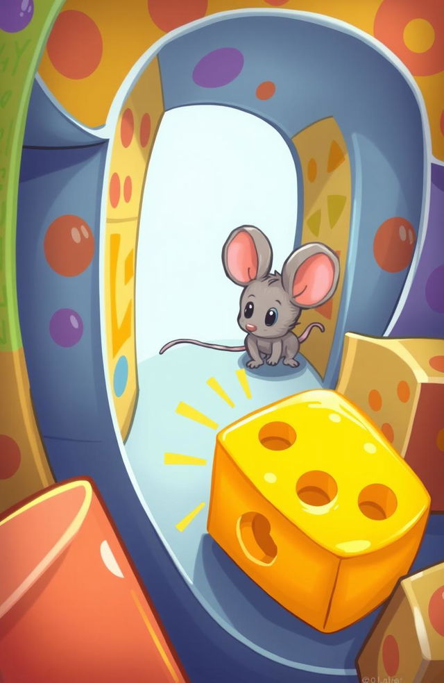 A cute, cartoon-style mouse navigating a colorful and intricate maze in search of a lost cheese